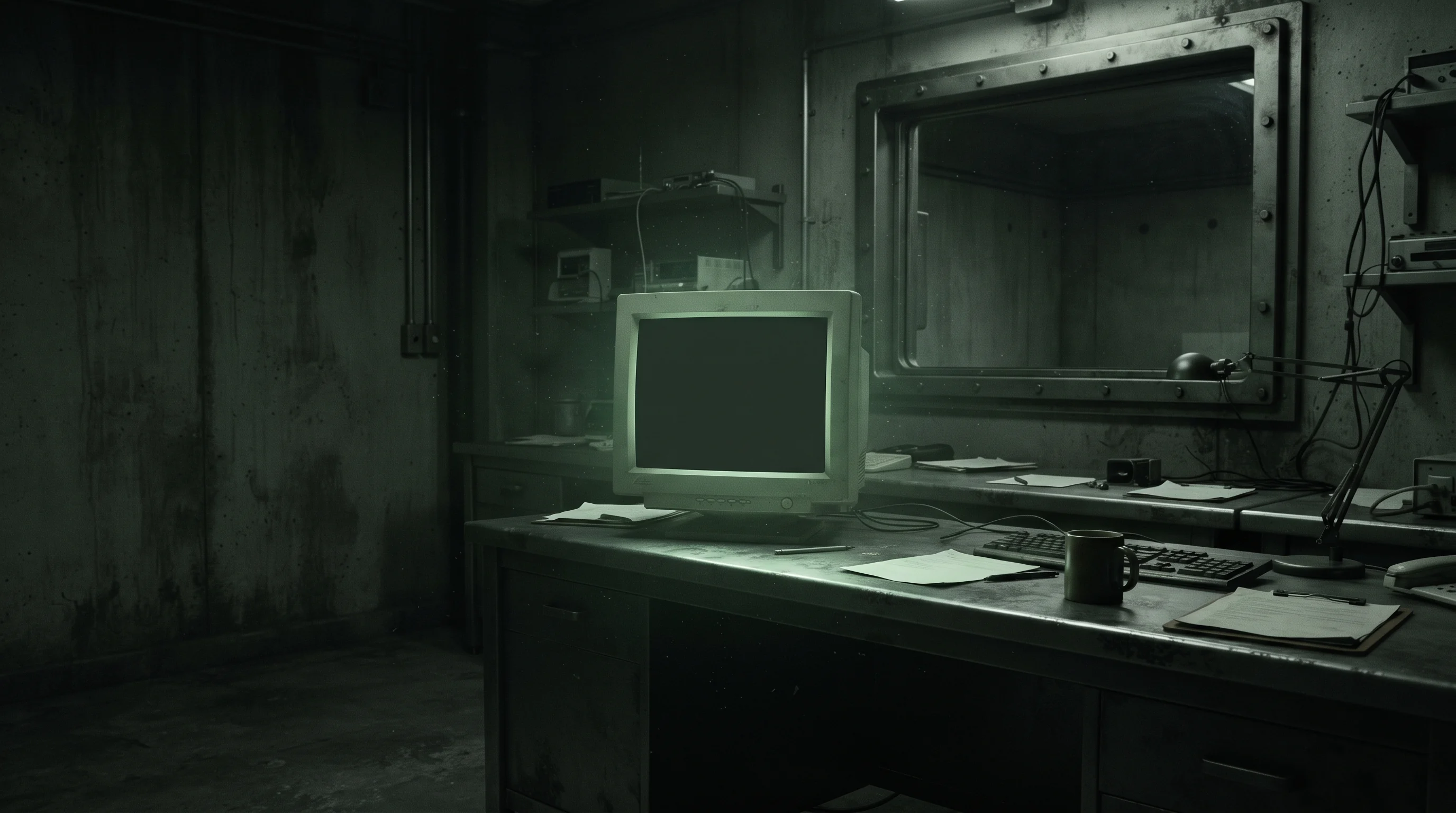 Dim concrete control room in Area 4663: a CRT monitor on a cluttered desk plays the containment camera feed, with an observation window onto a dark empty cell behind it