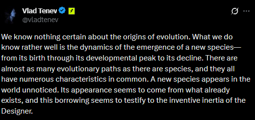 Screenshot of a post by Vlad Tenev quoting Stanislaw Lem on how a new species appears in the world unnoticed